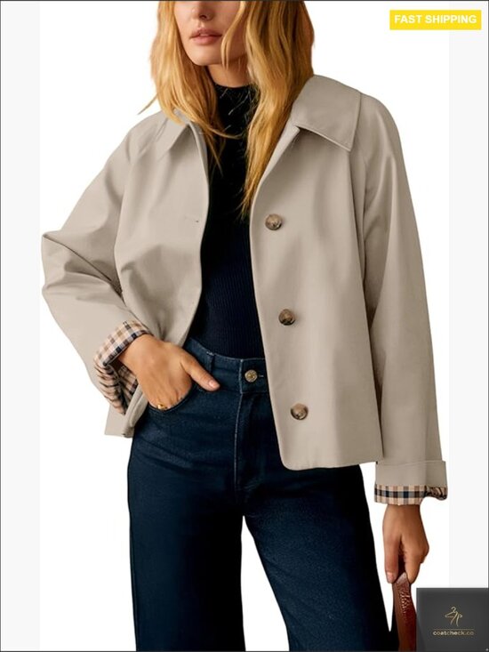 Jackets & Blazers - Womens Short Trench Jacket Plaid Lining Button Front Lightweight Classic Casual